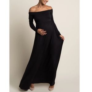 Pink blush maternity off the shoulder dress